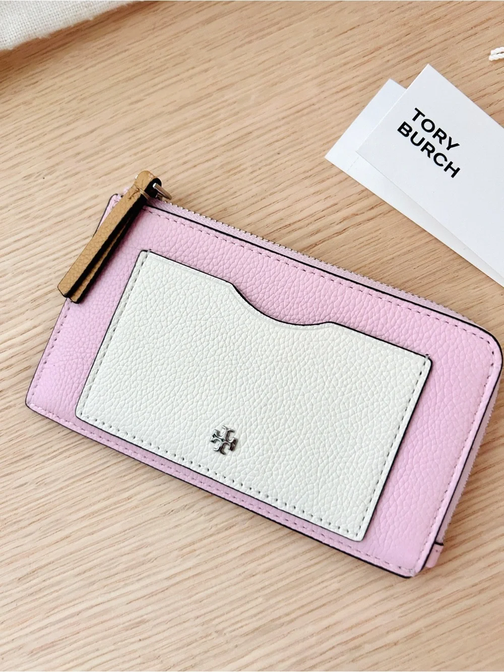 NWT🌷Tory Burch Blake Color-Block Zip Card Case Holder Pink Coral 176425 Leather